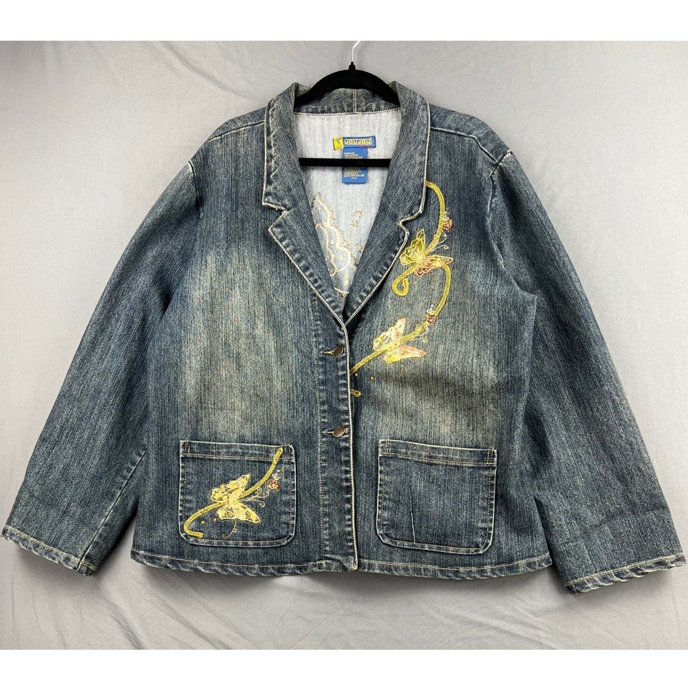 Joujou Denim Jacket Womens XXL Butterfly Embroidered Lace Sequin Blue Good